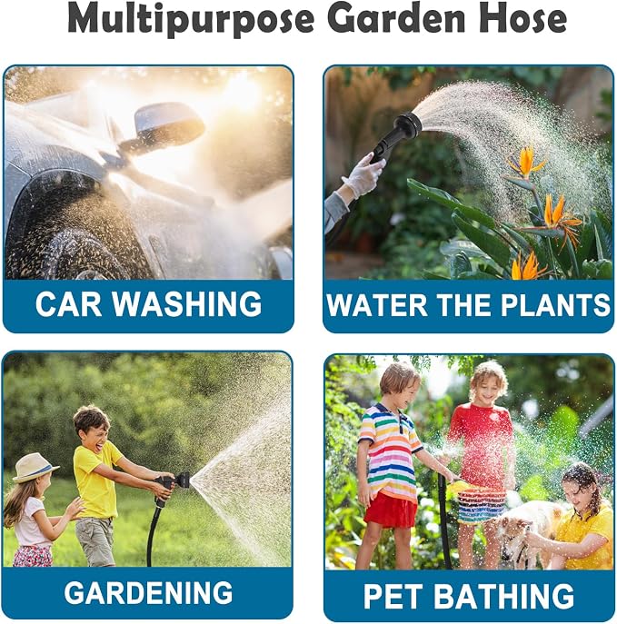 Garden Hose 50ft, Non-Expandable Lightweight & Flexible Water Hose, with 10-Pattern Spray Nozzle, Super Fabric, Leak-Proof 3/4" Solid Brass Alloy Connector Fittings, Durable