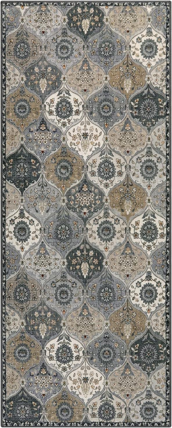 Lahome Moroccan Kitchen Runner, 2x5 Washable Runners for Hallways Non Slip | Soft Hallways Rug Ultra-Thin Vintage Trellis Long Carpet for Bedroom Bathroom Elise, Grey