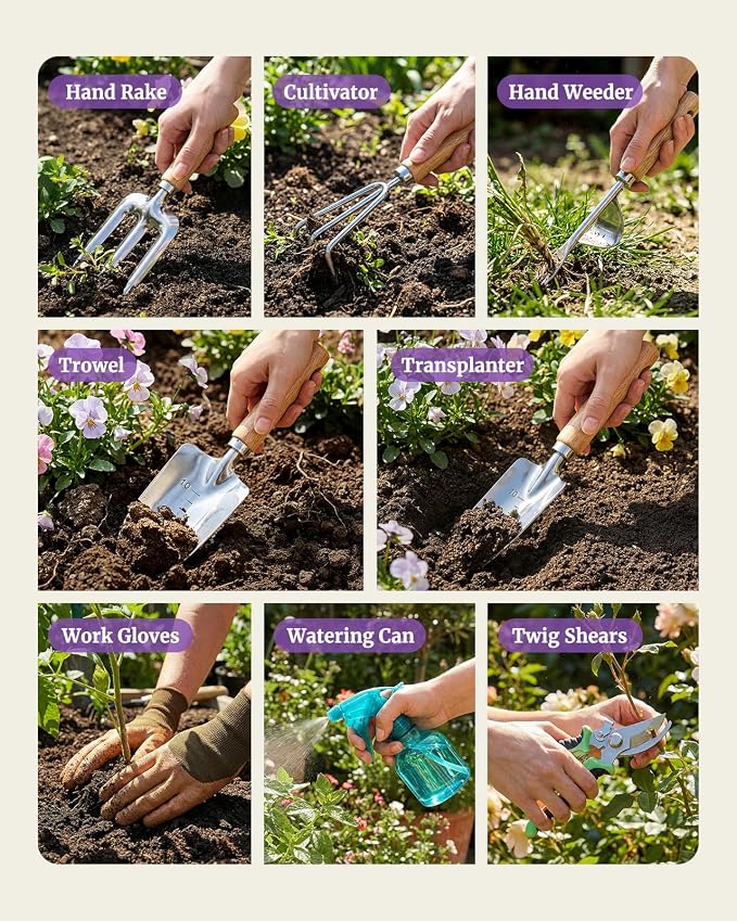 9-Piece Garden Tool Set, Heavy Duty Stainless Steel Rust-Proof Planting Kit with Ergonomic Wood Handles, Durable Metal Organizer Basket with 4 Compartments, Gardening Gift for Women, Mother