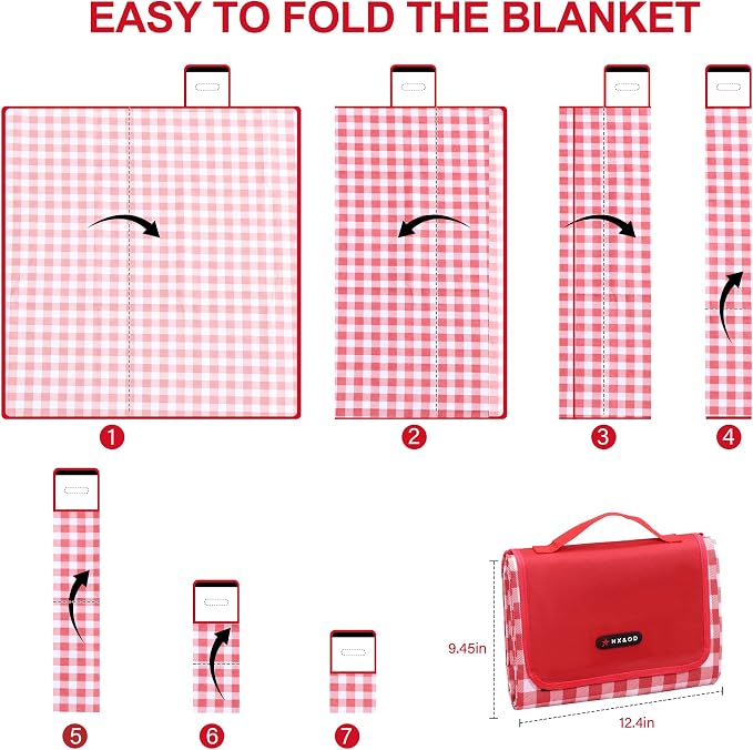 HX&OD Outdoor Picnic Blanket 80"X80" Picnic Mat Extra Large Camping Blanket Beach Blanket Foldable Waterproof Sand Mat Hiking Travel Family Concerts(Red)