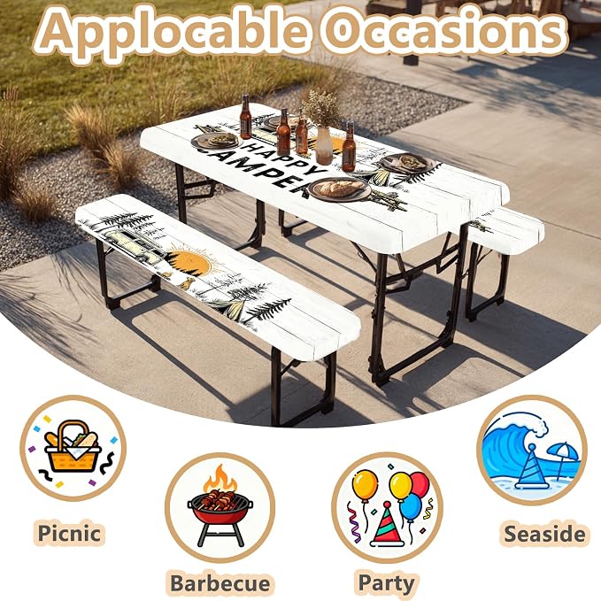 Picnic Table Cover with Bench Covers Elastic Edges, Outdoor Patio Camping Essentials 72 Inch 3PCS, Waterproof Camping Fitted Tablecloth with Handbags (Happy Camper)