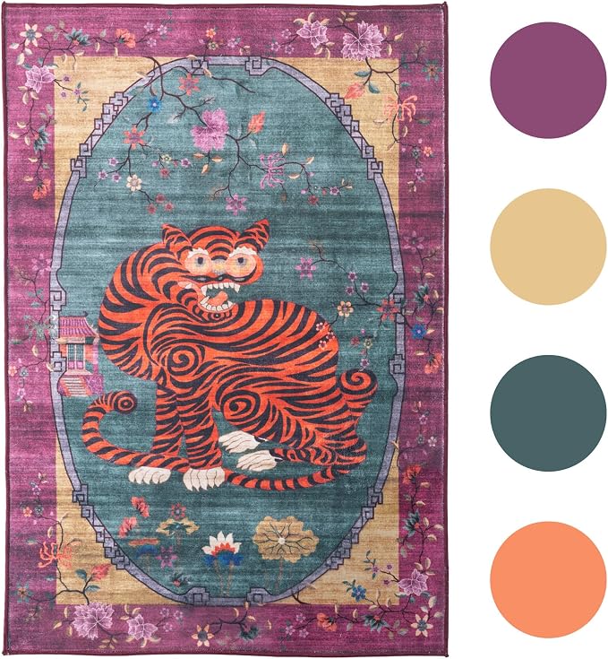 Tiger Rug Washable 4x6 ft Oriental Traditional Animal Print Vintage Purple-Green Floral Tibetan Rugs for Bedroom Kitchen Living Room Indoor Entryway