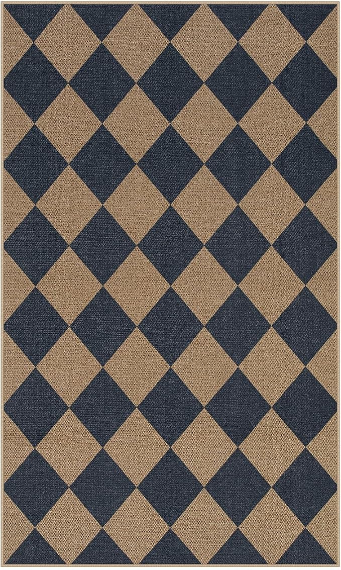 Lahome Colette Checkered Easy Jute Entryway Rug, 3x5 Washable Area Rugs for Living Room Outdoor Patio, Non Slip Blue Indoor Door Mat Checkerboard Throw Carpet for Entry Front Door Guestroom Deck