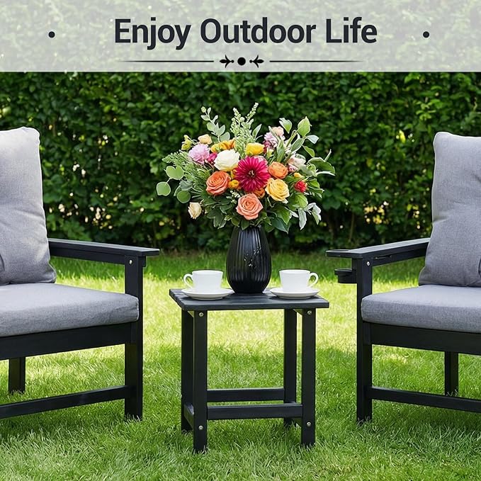 Outdoor Side Table Set of 3, HDPE Small Outdoor Table, Adirondack Side Table, Outside End Table for Patio, Porch, Deck, Pool, Indoor or Outside Use, Black