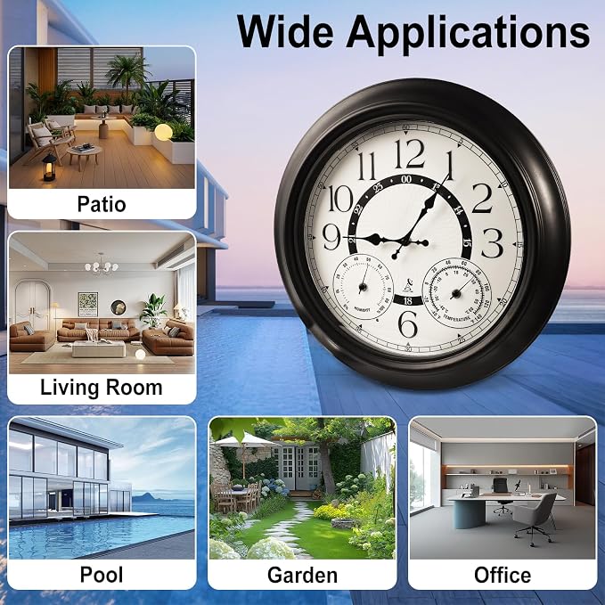 18-Inch Outdoor Wall Clock with Thermometer Hygrometer, LED Auto Light Sensor, Outdoor Clock Waterproof Large Display for Garden Patio Home Decor