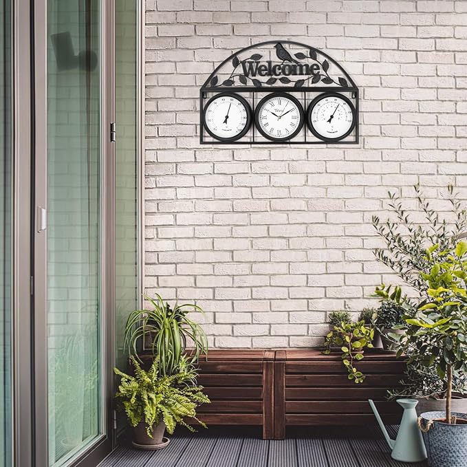 26Inch Large Outdoor Clock,Waterproof Wall Clock with Thermometer and Hygrometer Combo,Weatherproof Non-Ticking Battery Operated Decor Clock for Patio,Garden,Pool,Porch,House Warming Gifts