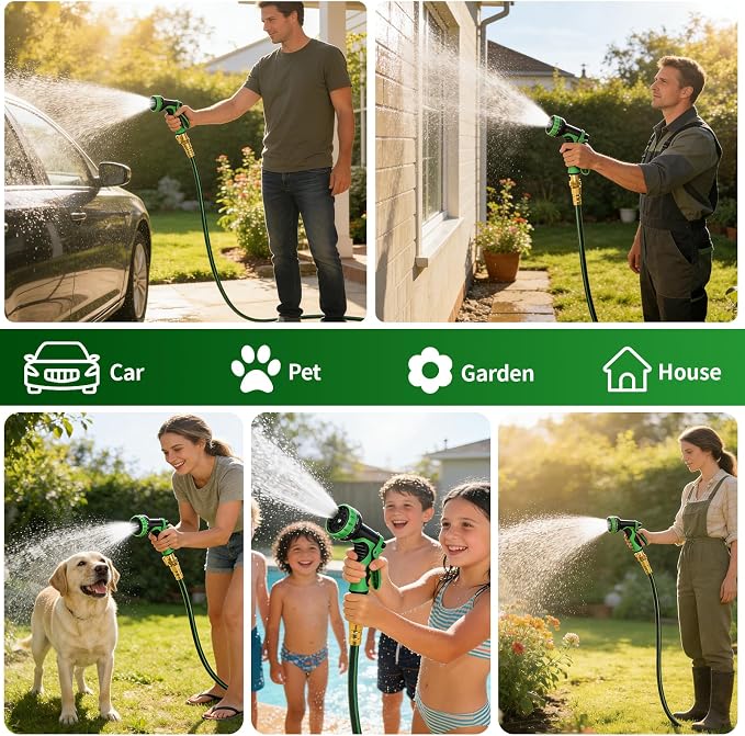 Gardentime Non-Expanding Garden Hose 50FT Flexible No Kink Water Hose, Leakproof Hybrid 5-Layer TPV with 3/4" Connectors & 10 Function Spray Nozzle, Lightweight Portable Water Pipe for Lawn Yard