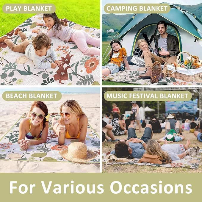 Floral Picnic Blankets Waterproof Foldable, 80″X80″ Extra Large Picnic Mat Boho Outdoor Blanket for Grass, Cute Packable Beach Blanket Sandproof Picnic Accessories for Camping Music Festival Park Lawn