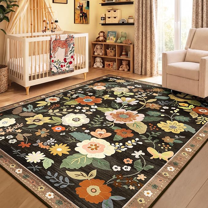 RELEANY Floral Washable 3x5 Area Rugs Black/Yellow | Flower Carpet, Print, Boho, Non-Slip, Easy to Clean, Soft, Low Pile for Living Room Bedroom Kitchen Office Entryway Hallway
