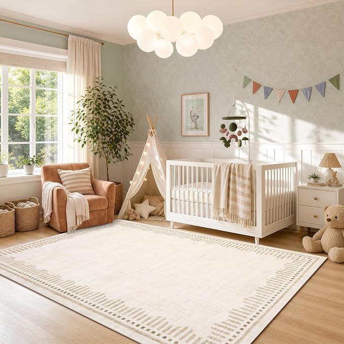 Garvee Living Room Washable Area Rugs 9x12 Beige Neutral Scalloped Carpet | Large Modern Solid Color Low Pile Stain Resistant Dining Room Throw Carpet Geometic Non Slip Pet Friendly Bedroom Nursery Rug