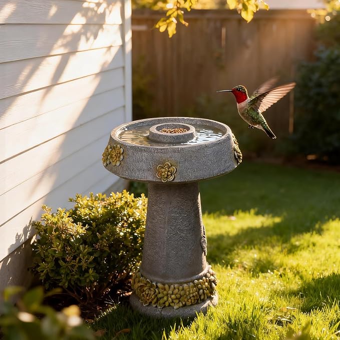 Bird Bath and Bird Feeder for Garden, 24" Resin Outdoor Fountain with 3D Butterfly & Petal Relief, Weather-Resistant Pedestal Water Feature for Yard, Patio, and Lawn Decor (Grey)