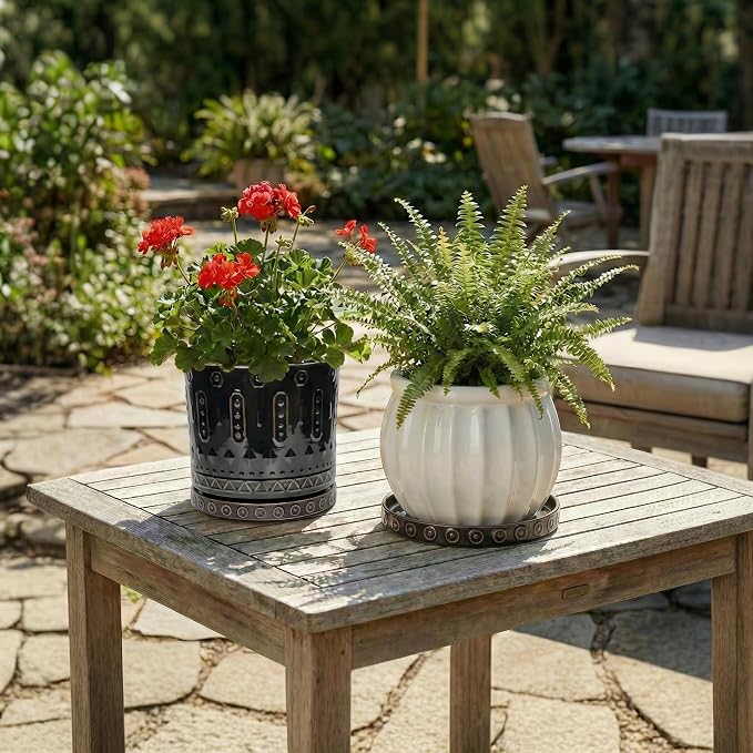 EightPot Plant Trays for Pots 7.5 Inch, 2 Pack Flower Pot Saucers, Round Ceramic Plant Saucers for Indoors Outdoors, Modern Plants Plates to Catch Water, Decorative Plants Dishes to Catch Water, Black