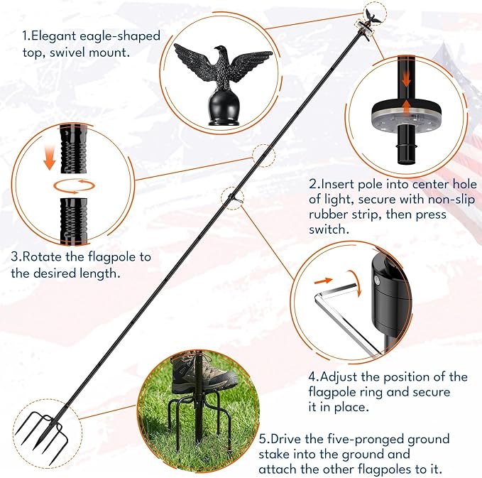 LETSTRY 12 FT In-Ground Flag Pole for Outside House with Solar Light, Heavy Duty Flagpole with Upgraded 5-Prong Base, Portable Mount Flapoles Kit for Yard, Garden Decor, Residential Commerical, Black