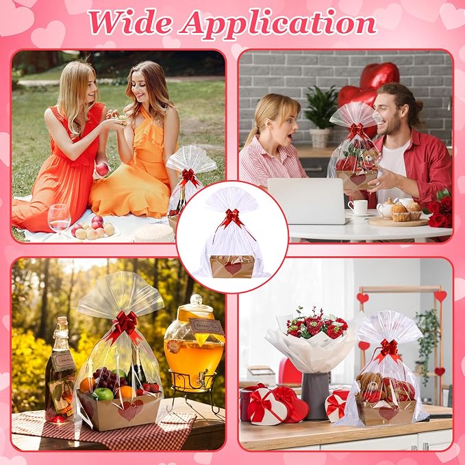 Qinyoung 12 Pcs Red Heart Kraft Baskets for Gifts Empty Red Heart Gift Basket with Handles, Pull Bows, Cellophane Bags and Twist Ties for Teacher Summer Xmas Wedding Party Favor Supplies, 9.8 x 6.5''
