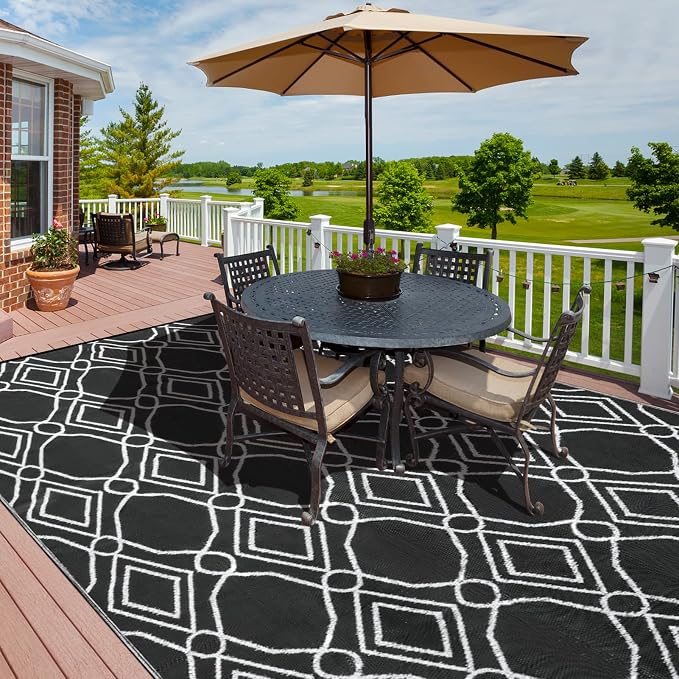 Kohree Outdoor Rug 6x9, Waterproof RV Outdoor Rugs, Reversible Outdoor Camping Rug Patio Rugs Clearance with 4 Corner Loops for RV, Deck, Backyard, Picnic, Easy to Clean & Carry, Black & White