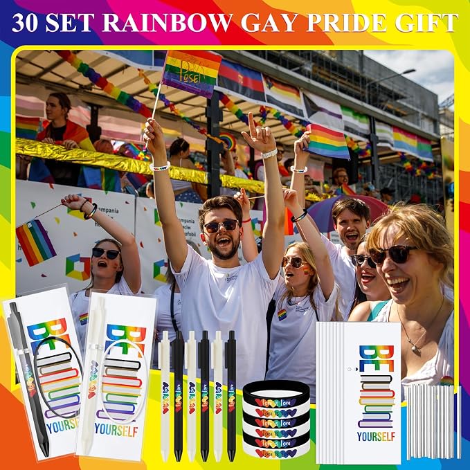 Spakon 30 Set Gay Pride Gifts Rainbow Silicone Wristband Bracelet LGBT Retractable Ballpoint Pen Black Ink Gift Cards with Twist Ties Pride Decorations for Parades Rainbow Festival Gay Pride Month