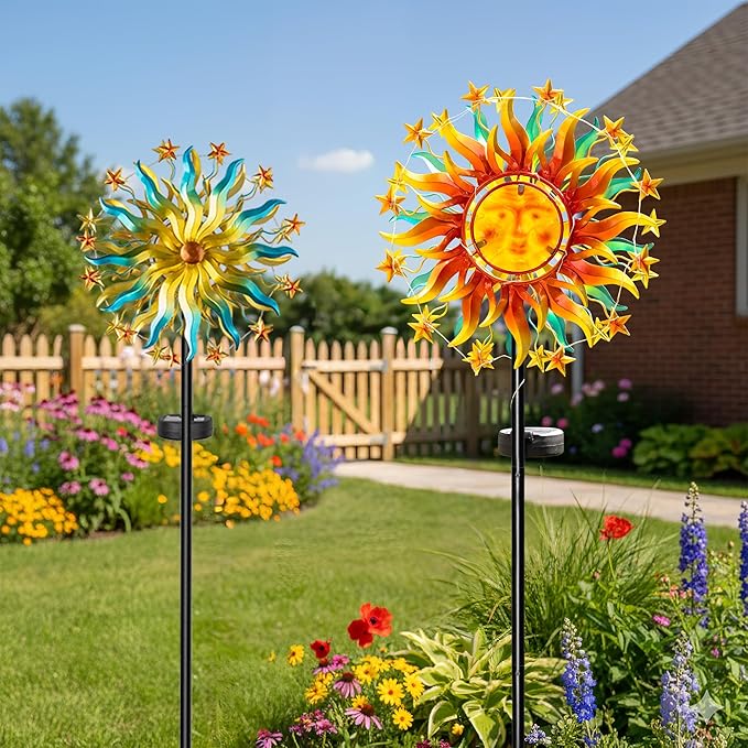 60.3" Solar Wind Spinner Outdoor Metal Sun Kinetic Sculpture – Dual-Sided Garden Spinner with Waterproof LED Vine Lights, Rust-Proof Yard Art Decor for Patio, Lawn & Pathway