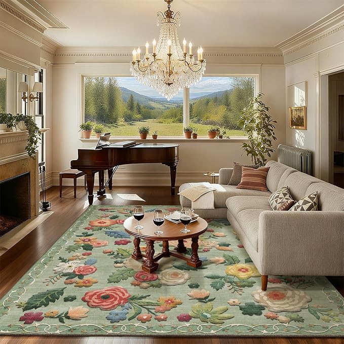 8x10 Area Rugs for Living Room: Washable Bedroom Rug Non Slip Low Pile Soft Faux Wool Non Shedding Lightweight Distressed Vintage Floral Large Carpet Rug for Dining Room Kids Playroom Farmhouse Office