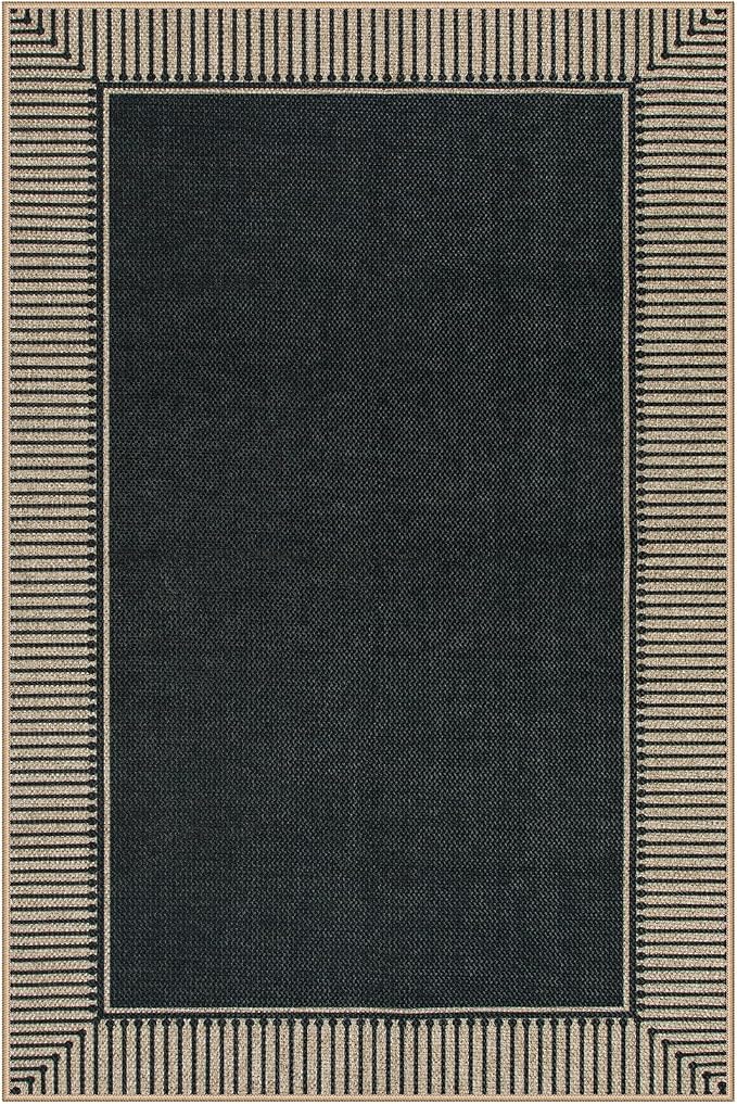 Moynesa Striped Border Easy Jute Outdoor Rug 4x6, Washable Indoor Outdoor Patio Area Rugs for Balcony Backyard Non Slip, Modern Classic Farmhouse Carpet for Living Room, Black