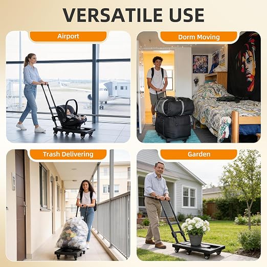 No Assembly Folding Hand Truck 440lbs, Dolly Cart with Wheels & Upright Lock, Extendable Heavy Duty Foldable Dolly for Luggage, Travel, Office & Dorm, Carrito de Carga