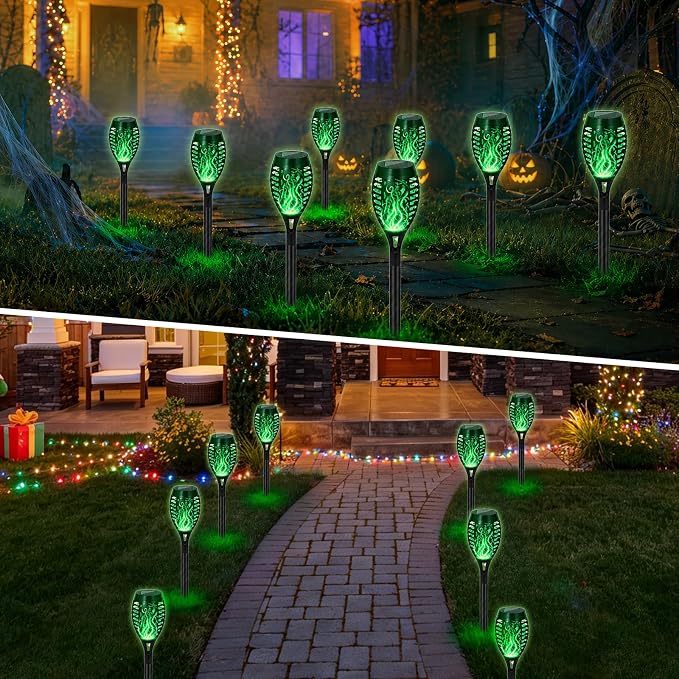Solar Torch Flame Lights, Flickering Flame LED – Waterproof Solar Garden Lights for Patio, Yard, Pathway, Landscape & Backyard Décor (Green-8 Pack)