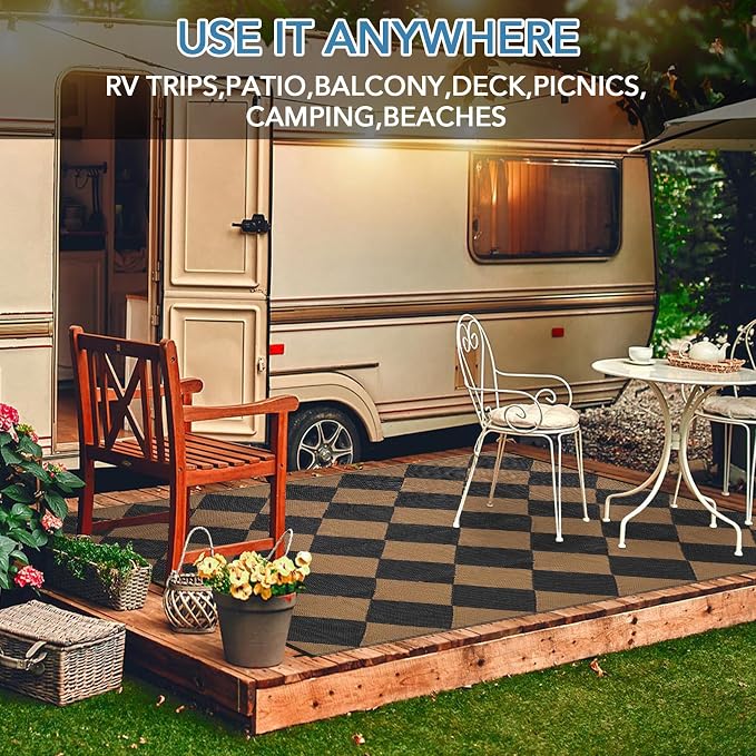 Garvee 8x10 Outdoor Rug Waterproof Plastic Straw Rug Outdoor Patio Rugs Reversible Mat Easy Clean Foldable Lightweight Large Area Rugs for Patio Porch Backyard Camping RV Beach Balcony Checkered Brown