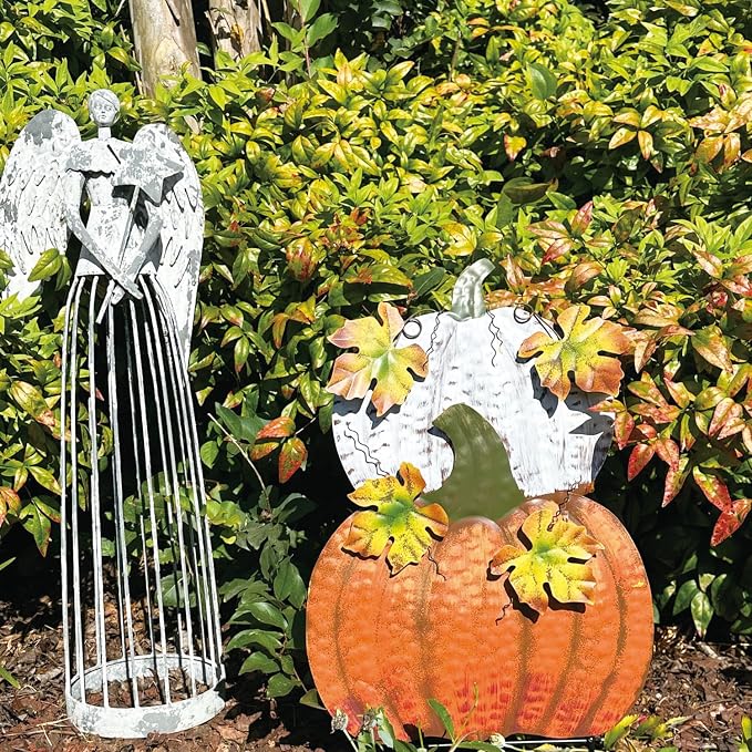 Set of 2 Metal Pumpkin Yard Stakes Fall Harvest Garden Lawn Yard Porch Outdoors Welcome Decorations, Autumn Halloween Thanksgiving Decorative Pumpkins Outdoor Décor