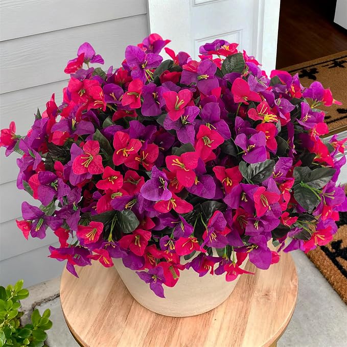 INXUGAO Artificial Flowers Faux Plants for Outdoors Spring Summer Decor, 6 Bundles Fake Bougainvillea Silk Flowers UV Resistant Realistic for Outside Planter Porch Patio Garden Home (Purple Fuchsia)