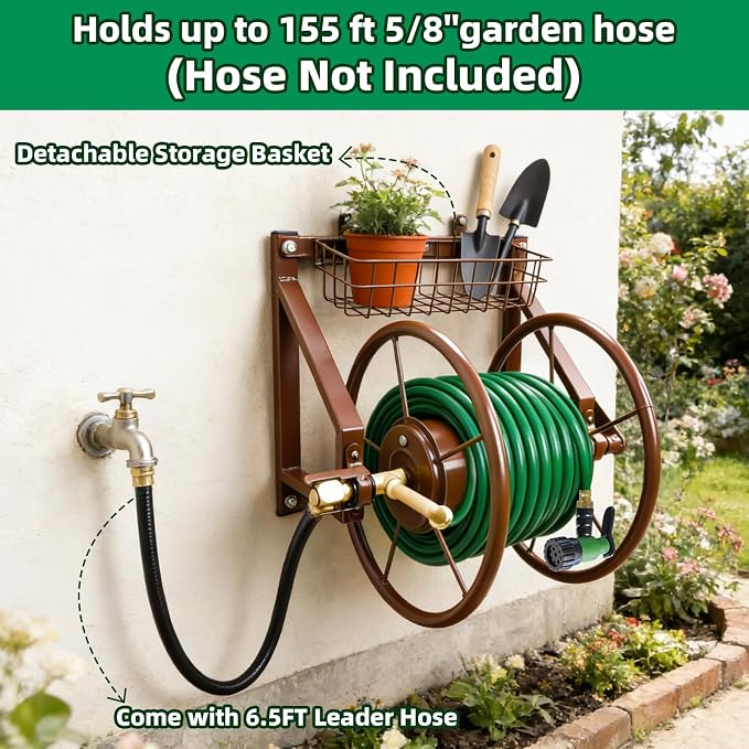 Wall Mount Garden Hose Reel, Heavy Duty Metal Holds 155ft 5/8" Hose | Solid Brass Fittings, No Leaks, Rust-resistant. Space-saving Wall Mount for Outside, Lawn, Yard.Easy Install & Rolls Smoothly