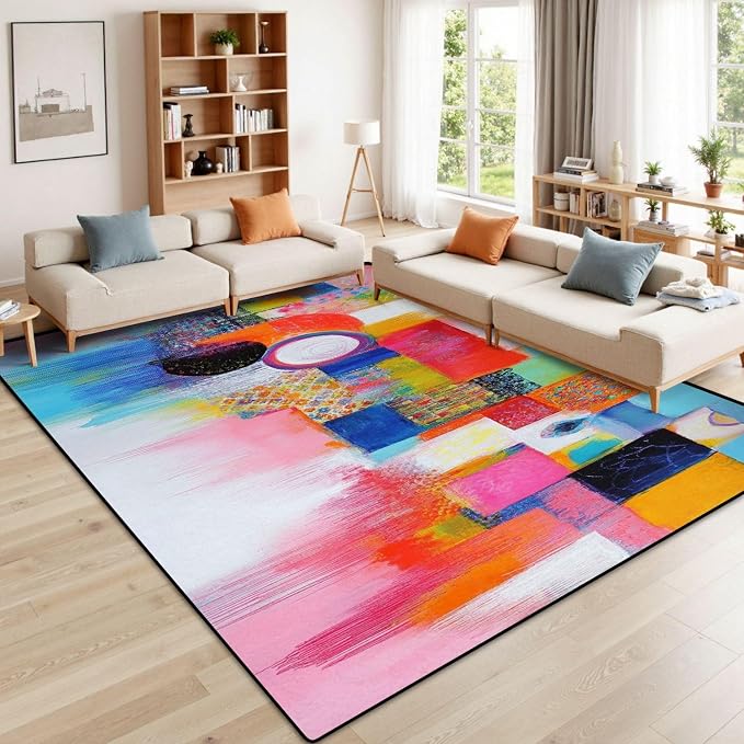 9x12 Area Rugs for Living Room Abstract Orange Pink Colorful Yellow Blue Red Texture Bold Strokes Washable Large Area Rug for Bedroom Non Slip Outdoor Carpets Soft Mats Kitchen Home Office Decor