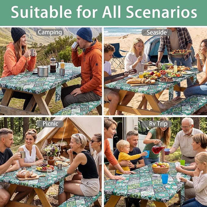 Fitted Waterproof Picnic Table Cover with Bench Covers Elastic 72×30In 3 Piece Camping Table Cloth for 6Ft Rectangle Tables Outdoor Camper Gifts Supplies Patio Rv Traveling Hiking Must Haves