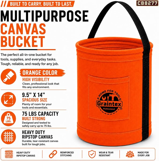 Graintex Canvas Utility Bucket 9.5"x14", Round Tool Bucket, Reinforced Base & Carry Handle, Ripstop Canvas, Ideal Multi-Purpose Bag for Jobsite, Gardening, Home Use, Tool Storage - Orange