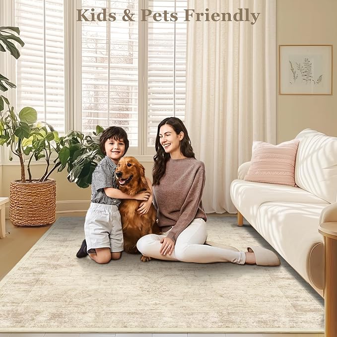 Farmhouse Beige Washable Area Rugs 5x7 for Living Room, Distressed Medallion Printed Rugs for Bedroom, Non Slip Washable Low Pile Thin Carpet Rugs for Dining Room/Kitchen/Foyer/Home Office