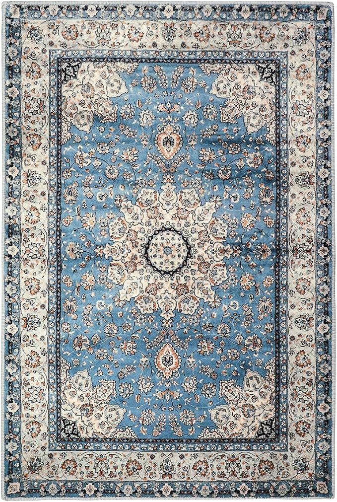 Lahome Felice Oriental Floral Medallion Area Rug - 2x3 Blue Distressed Small Entryway Rug Printed Doormat Vintage Non-Slip Washable Low-Pile Carpet for Indoor Front Entrance Kitchen Bathroom