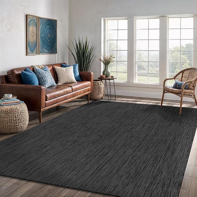 Washable Indoor Outdoor Rug 5x7 Weather Resistant Area Rugs Modern Solid for Porch Deck Balcony Backyard Patio Outside Carpet (5 X 7 Dark Grey)