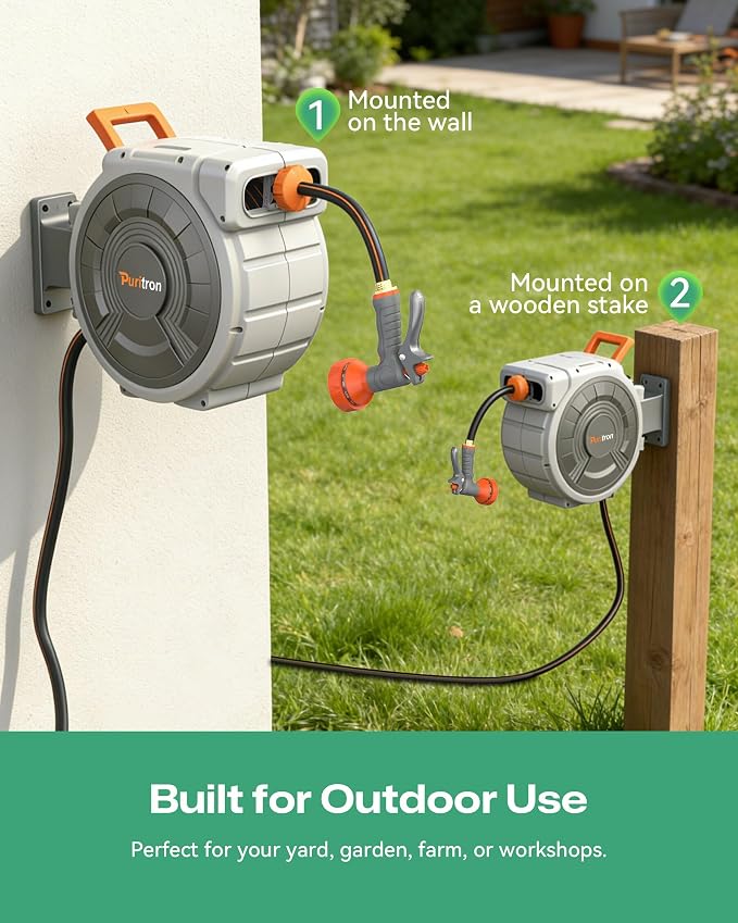 Retractable Garden Hose Reel 85 ft x 1/2 inch, Heavy Duty Automatic Garden Hose Reels, High-Flow, Any Length Lock, 180° Swivel Bracket, Brass Fitting, Wall Mount Water Hose Reel for Outside