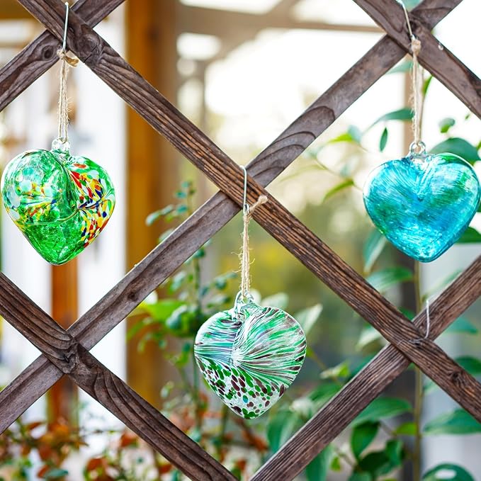 Set of 3 Blown Glass Heart Ornaments Hanging Green Gazing Balls for Outdoor | Hand-Blown Craftsmanship, Easy-Hang Lanyard Design for Indoor & Outdoor Hanging
