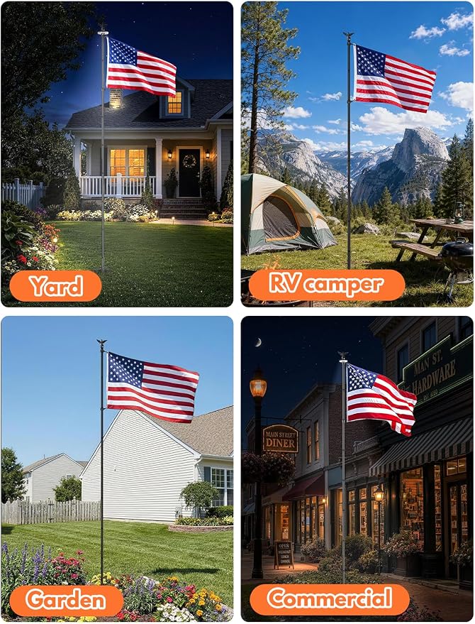 LETSTRY 10 FT In-Ground Flag Pole for Outside House with Solar Light, Heavy Duty Flagpole with Upgraded 5-Prong Base,Portable Mount Flapoles Kit for Yard, Garden Decor, Residential Commerical, Black