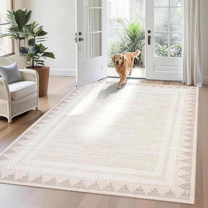 GarveeHome Washable Rugs 5x7 Cream Rug Solid Bordered Geometric Rugs for Living Room, Modern Neutral Carpet with Non Slip TPR Backing, Soft Non Shedding Low Pile Throw Mat for Bedroom Dining Room