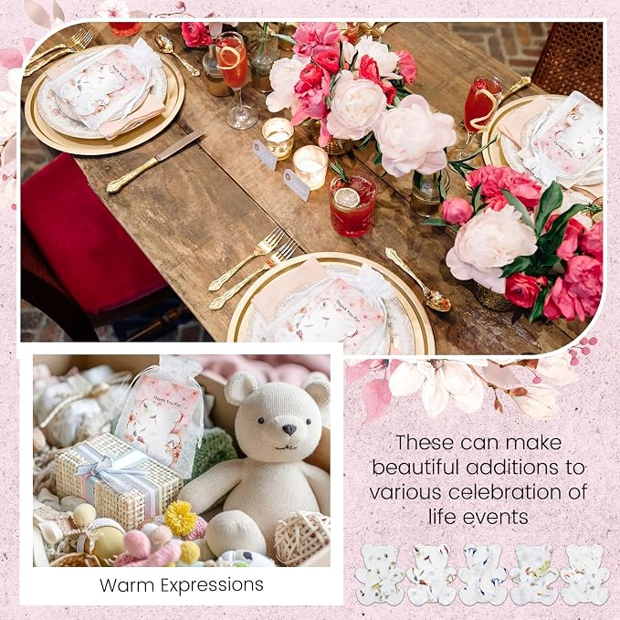 Dunzoom 50 Sets Baby Shower Party Gifts for Guests Little Bear Shaped Seed Paper Handmade Flower Petals Tags Plantable Wildflower Seed Paper Recycled Thank You Cards and Organza Bags for Party Favor