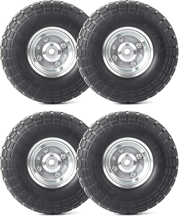 AR-PRO (4-Pack) 10-Inch Solid Rubber Tire Wheels - Replacement 4.10/3.50-4" Flat Free Tire with 5/8" Bearings, 2.2" Offset Hub - Perfect for Lawn Garden Cart, Hand Truck, Wheelbarrow, Utility Cart