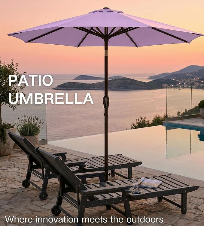 PatioKingdom 9FT Patio Outdoor Umbrella-UPF 50+ Sun Shade with Wind Vent, Push-Button Tilt & Smooth Crank Lift, Rust-Resistant Fiberglass Frame for Garden, Backyard,Yard (Taro Purple)
