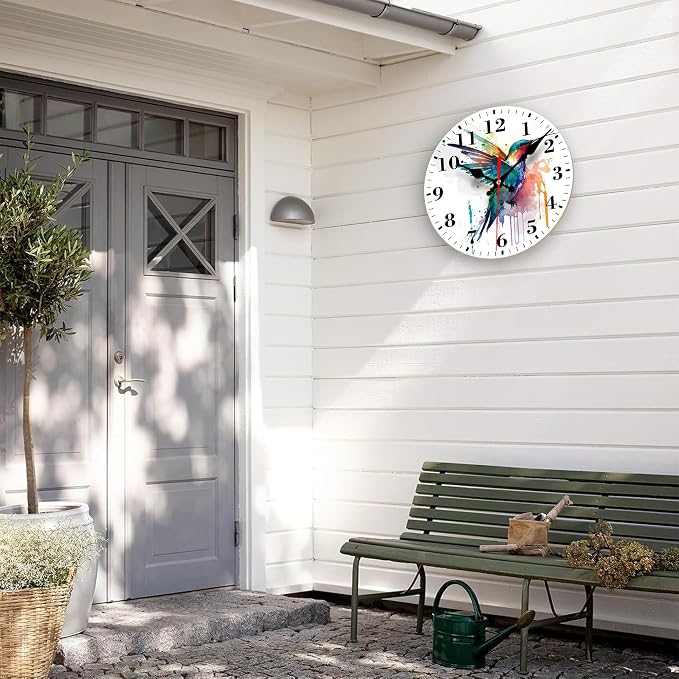Wall Clocks Battery Operated, Watercolor Hummingbird Silent Non Ticking Decorative Indoor Outdoor Wall Clocks for Living Room Kitchen Bedroom Bathroom 12"