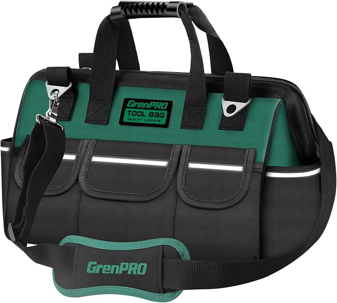 GrenPRO Heavy Duty Tool Bag for Men, 16 Inch Wide Mouth Tool Bags Organizer, Soft Handle Toolbox Storage, Large Zipper Electrician Tool Bag