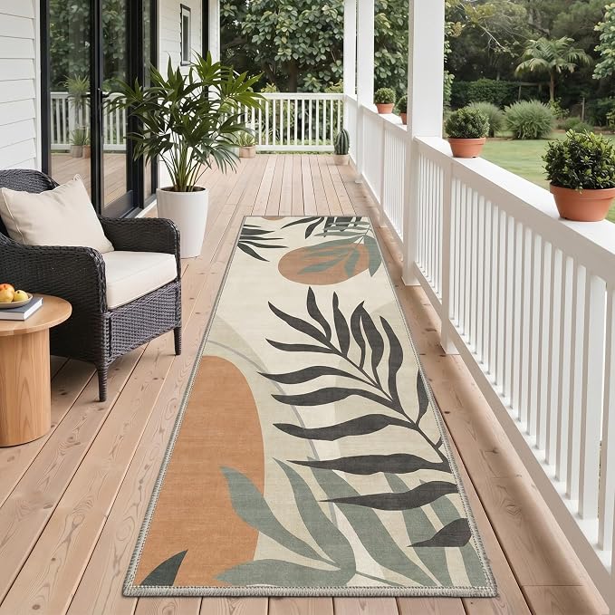GENIMO Outdoor & Indoor Runner Rug 2.5'x8', Waterproof, Non-Shedding, Easy Cleaning, Leaf Mat for Patio, Living Room, Balcony, Dining Room, RV, Deck, Bedroom, Camping, Outside Carpet, Beige Grey