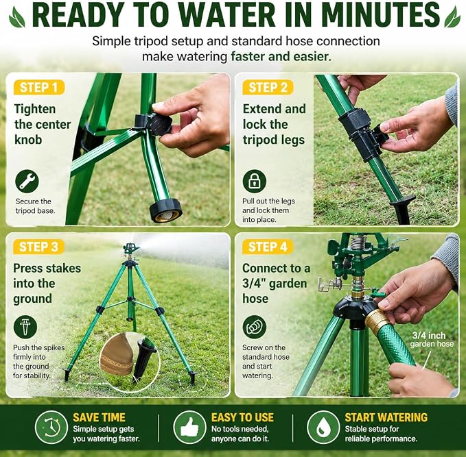 Sprinklers for Yard, Up to 50% Larger Watering Coverage, 2026 Heavy-Duty Impact Lawn Sprinkler on Spike Tripod Base with 360° Large Area Irrigation, Adjustable Extension Legs for Garden Lawn, Green