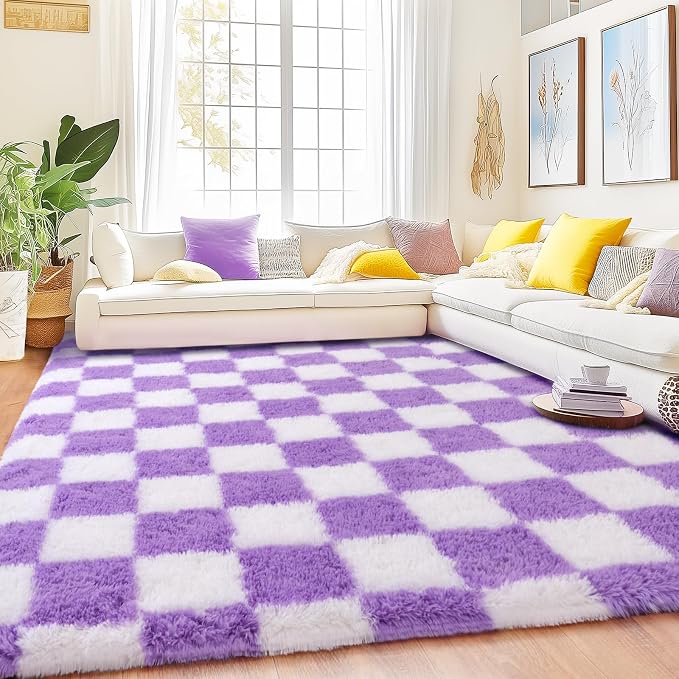 Checkered Rugs for Bedroom, Ultra Fluffy Fuzzy Shag Area Rug for Living Room 5x7, Modern Plush Soft Upgrade Non-Slip Carpet for Kid Girls and Boys Room Dorm Nursery Home Decor, White and Purple
