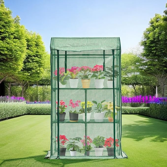 Purlyu Mini Greenhouse for Indoor Outdoor, Small Plastic Plant Green House Rack Stand Portable Greenhouses with Durable PE Cover for Seedling 60 "x 35"x 16",20 Pcs T-Type Plant Tags Include(PLGH4053G)