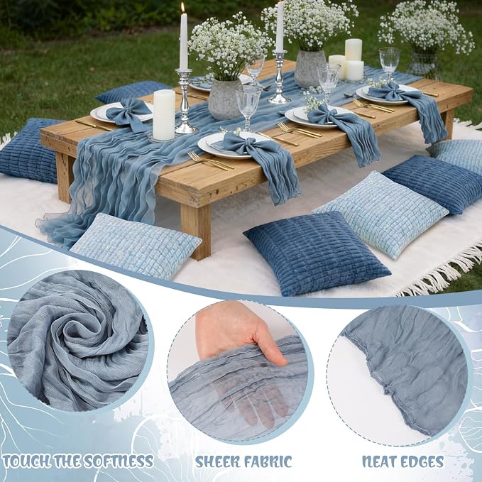 Beeveer 14 Pack Picnic Kit 91x71 Inch Extra Large Outdoor Boho Picnic Blanket with Gray Blue Table Runner, 6 Throw Pillow Cover 6 Napkin Woven Cotton Yarn Washable Beach Blanket for Camp Wedding Decor