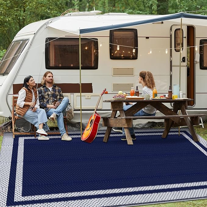 KMAT Outdoor Rug, Waterproof Reversible Patio Rugs, 6x9ft Large Outdoor Area Rug Foldable Plastic Camping Rugs for Outside RV, Patio,Picnic,Camper,Balcony,Porch (Blue &White)